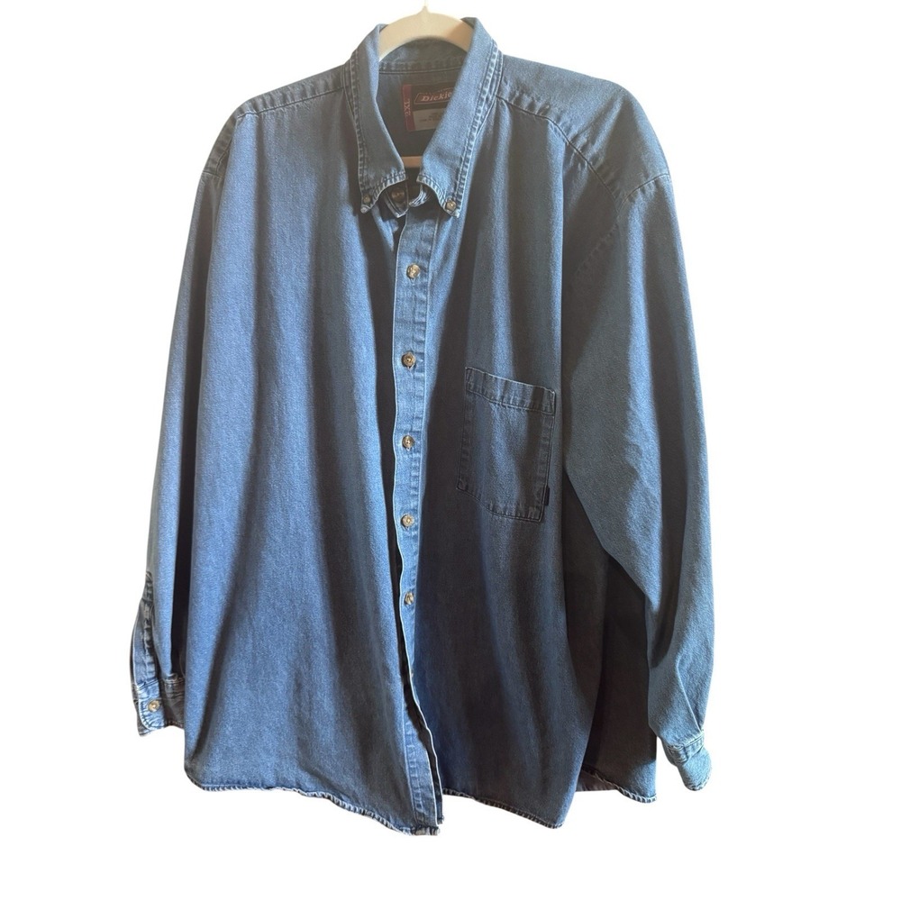 Dickies Blue Denim Men's Big 2XL ‎ Button Up Long Sleeve Shirt Workwear Cotton